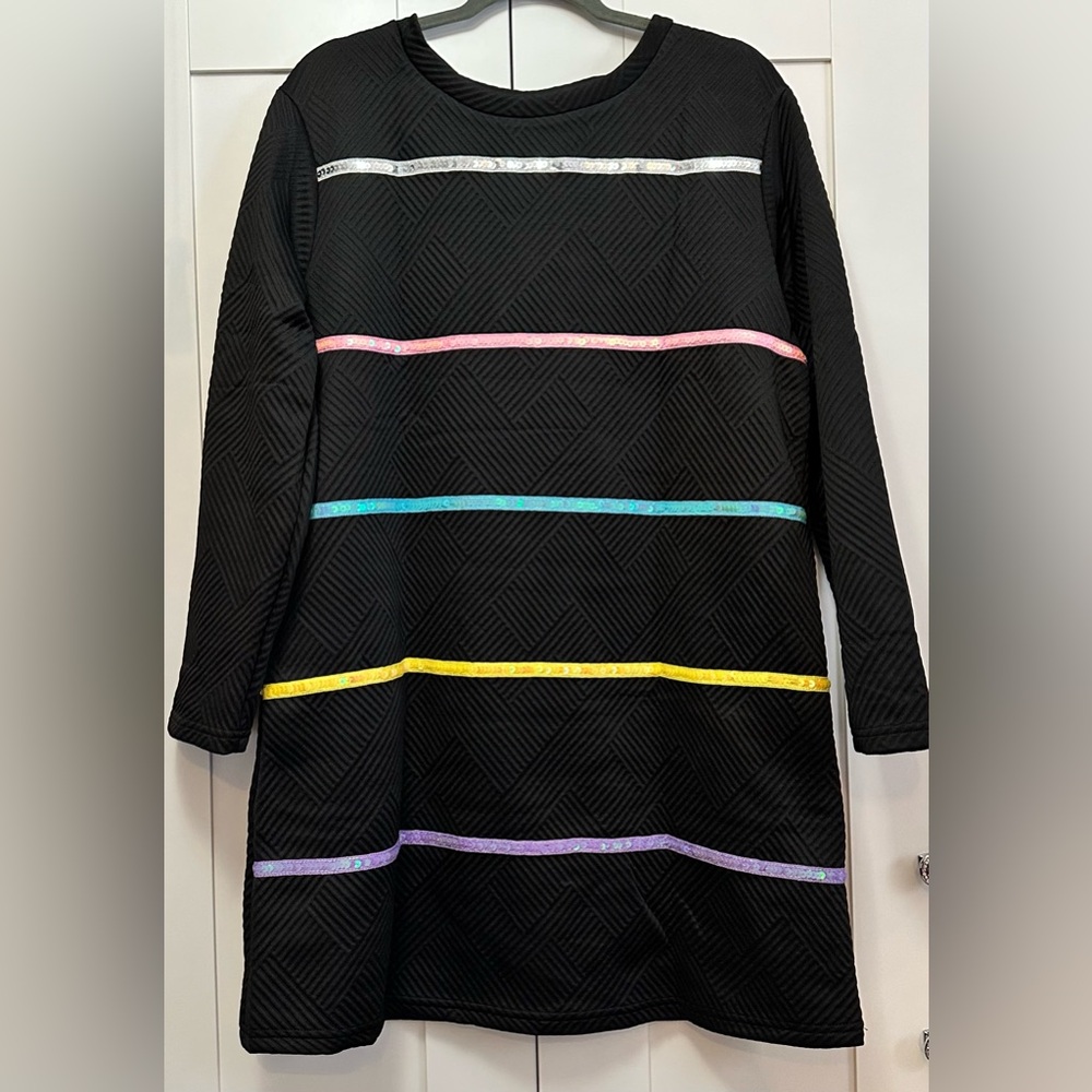 Black Colorful Sequin Dress With Long Sleeves &  Textured Material Sz LG NEW!